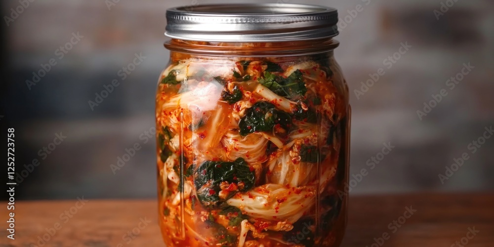A glass jar filled with kimchi, a traditional South Korean side dish of fermented vegetables, typically napa cabbage and Korean radishes with variety of seasonings. A glass jar filled with kimchi, a traditional South Korean side dish of fermented vegetables, typically napa cabbage and Korean radishes with variety of seasonings.