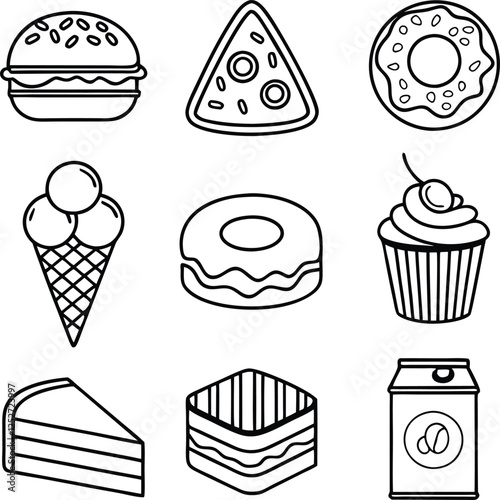 Delicious Fast Food Icons Burger, Pizza, Donuts, Ice Cream, Cake