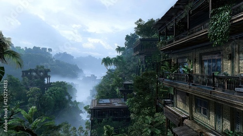 Misty Mountain Village With Wooden Buildings