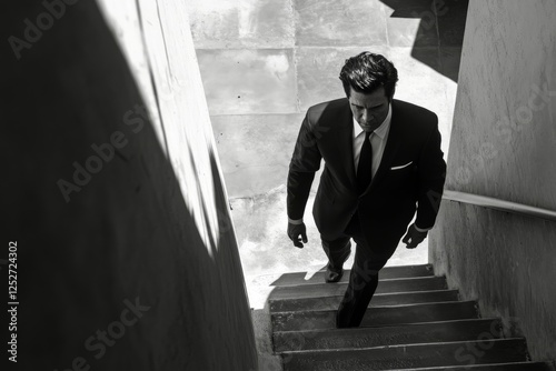 Elegant man in suit standing on stairs with a serious expression during an ur...