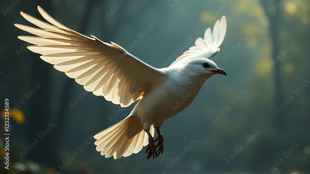 Obraz premium A serene and graceful white bird in mid-flight, captured against a soft, blurred forest background. The sunlight filters through the trees, casting a gentle glow on the bird's outstretched wings, high