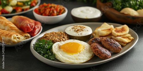 An assortment of healthy breakfast foods including eggs, vegetables, fruits, bread, cereal, condiments, and dipping sauces.