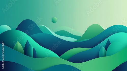 Abstract Green Blue Landscape with Rolling Hills and Sun
