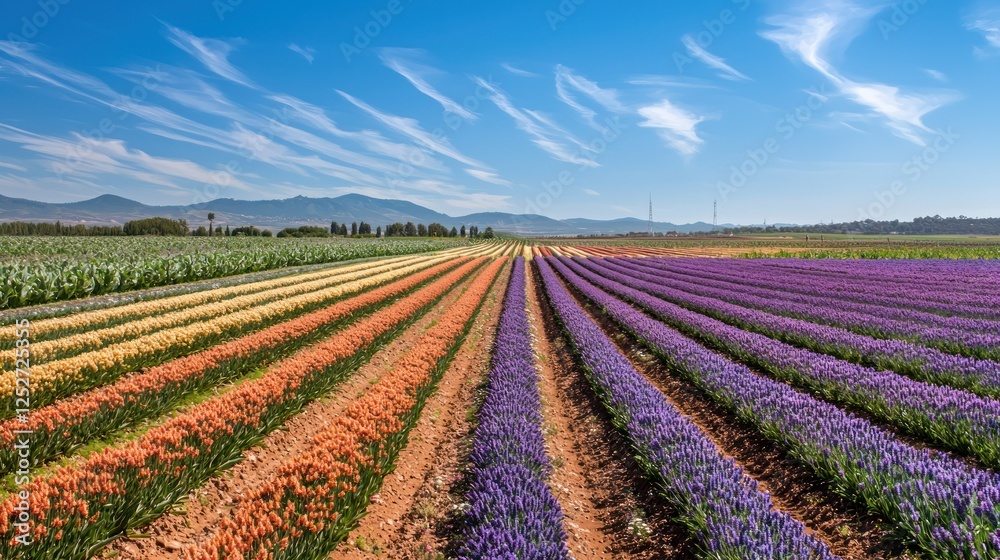 Endless fields of flowers and crops under a bright, sunny blue sky. Endless fields of flowers and crops under a bright, sunny blue sky.