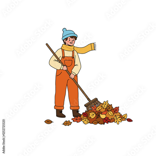 Boy Raking Autumn Leaves Fall Cleaning Illustration