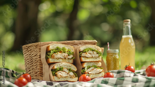 Chicken and lettuce sandwiches wrapped in kraft paper, arranged in a woven picnic basket on a checkered cloth, with fresh tomatoes, homemade mustard, and a bottle of lemonade photo