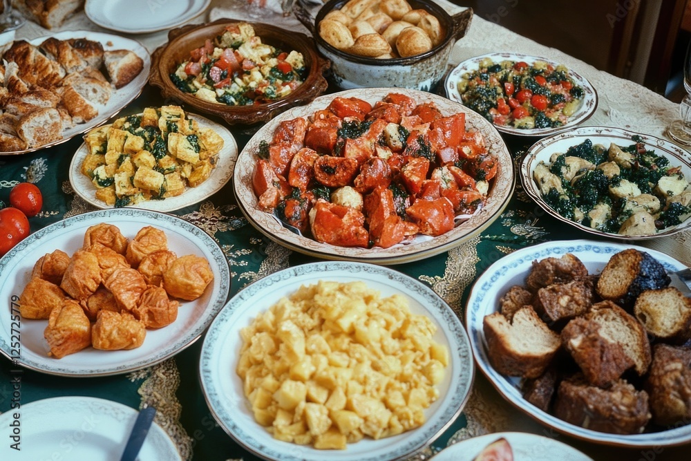 Close-up view of a buffet table with a diverse assortment of foods, ready for serving. Includes various desserts, appetizers, and main courses. Close-up view of a buffet table with a diverse assortment of foods, ready for serving. Includes various desserts, appetizers, and main courses.