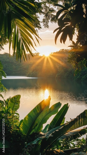 Sunset over tranquil lake with lush forest in the background