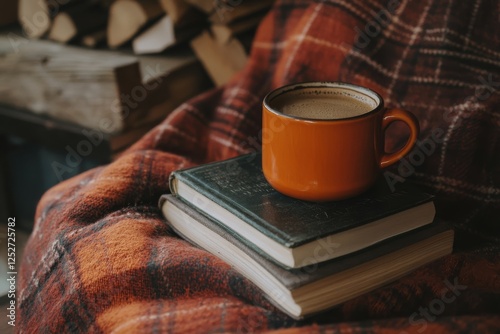 Cozy coffee moment with a book on a warm blanket in a serene indoor setting