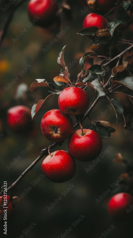 Fresh red apples hanging from branches in an orchard during late autumn Fresh red apples hanging from branches in an orchard during late autumn