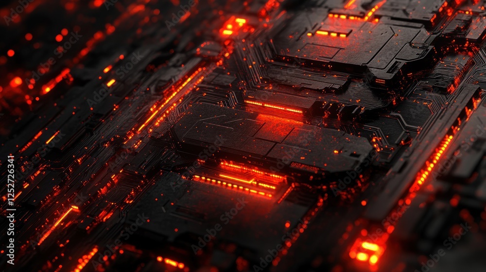Naklejka premium Glowing Circuit Board Close-up, Red Energy, Tech Background, Futuristic Design
