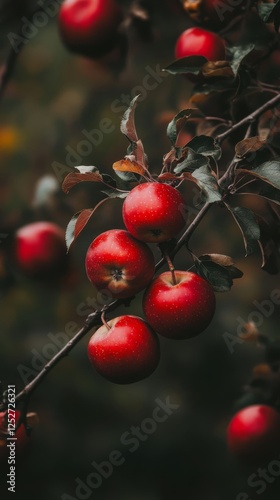 Fresh red apples hanging from branches in an orchard during late autumn