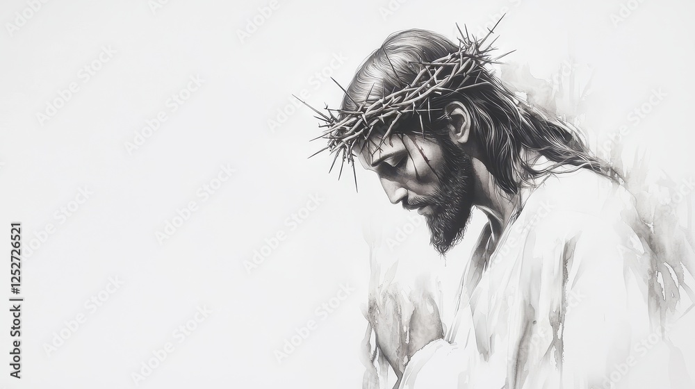 Fototapeta premium Somber and Reverent of Jesus Christ with Crown of Thorns a Symbolic Portrait of Suffering and Sacrifice in the Christian Faith