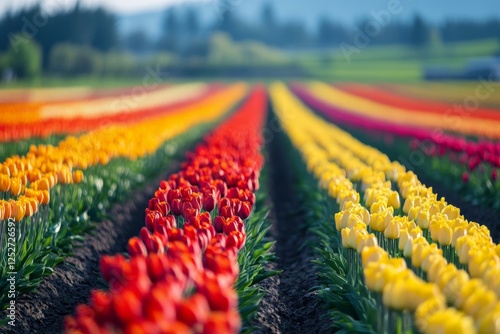 Colorful wildflowers blooming in a vast field at dusk under a cloudy sky