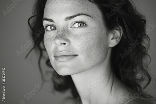 Portrait of a woman with freckles and wavy hair in monochrome