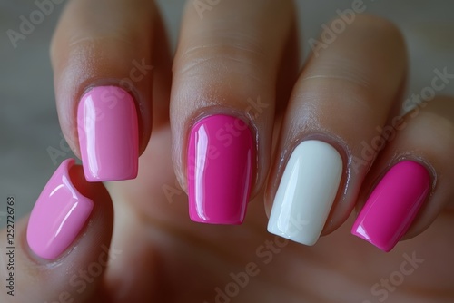 Bright pink and white nail design showcasing stylish manicure on elegant hand