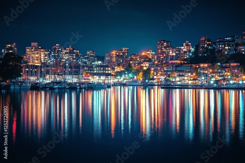 City skyline illuminated at night with reflections on the water in a vibrant ...