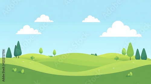 Rolling Green Hills Under a Blue Sky With Fluffy Clouds