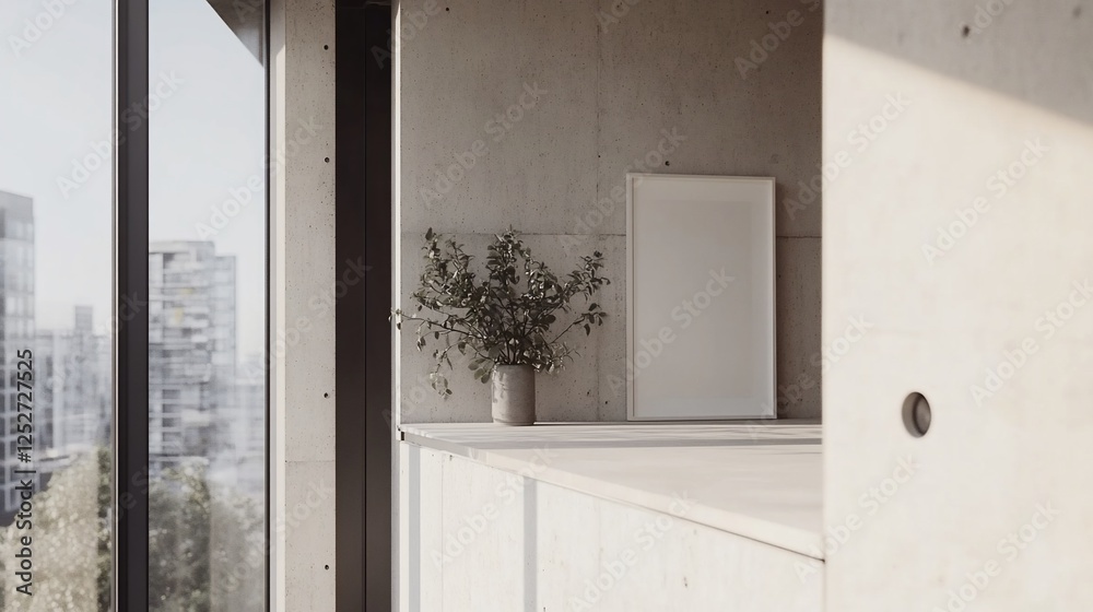 Fototapeta premium Modern Concrete Interior with City View and Plants