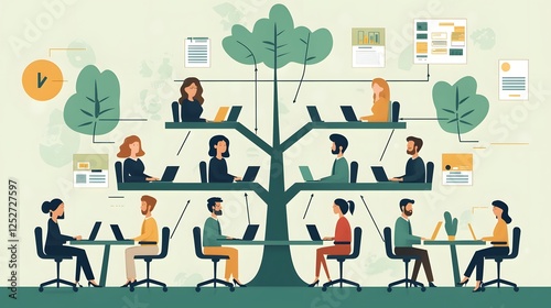 Detailed organizational diagram illustrating the structure team and leadership roles within a modern office environment
