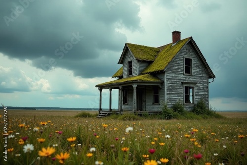 A weathered farmhouse, overtaken by nature's embrace, stands solitary in a vibrant meadow under a brooding sky