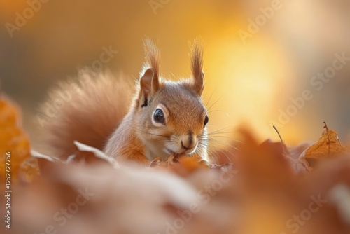 Squirrel exploring autumn leaves in a tranquil forest setting during daylight...