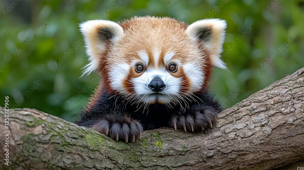 Red panda cub peering from tree branch, lush green background, wildlife photography, nature Red panda cub peering from tree branch, lush green background, wildlife photography, nature