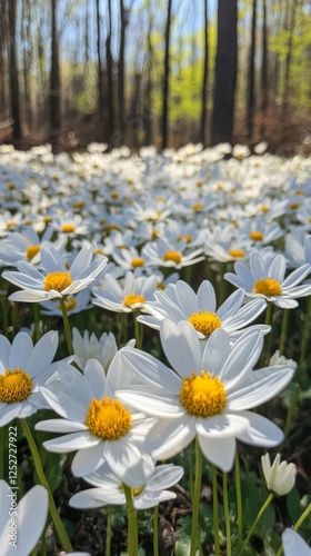 Field of daisies under cloudy sky in a serene landscape during late afternoon