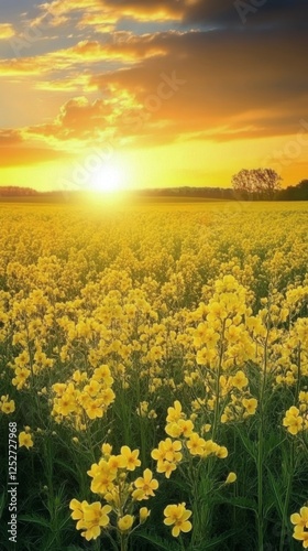Golden fields of blooming flowers at sunset in a serene landscape