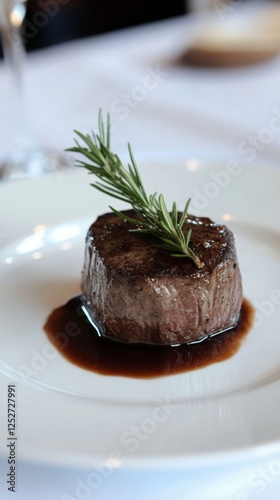 Fresh cut beef steak garnished with rosemary and sea salt on a white plate