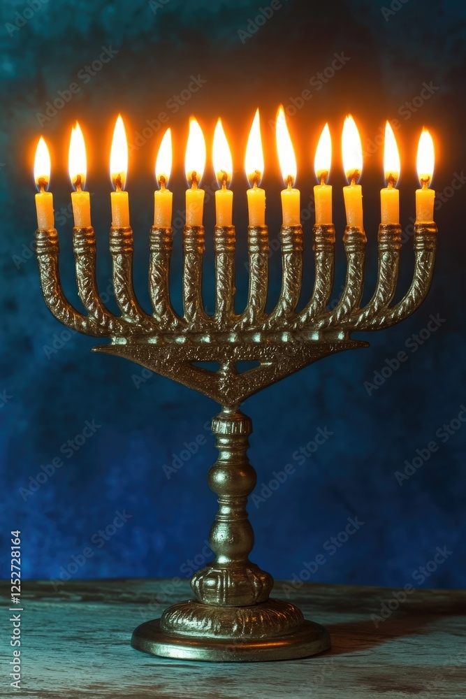 Fototapeta premium This is a golden Hanukkah candelabra, an eight-branched menorah used during the Jewish holiday of Hanukkah. The candles are lit and represent the Festival of Lights which lasts for eight days.