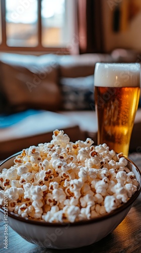 Enjoying popcorn and beer in a cozy living room setting during the evening hours