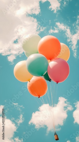 Colorful balloons floating against a bright blue sky during a sunny day in a ...