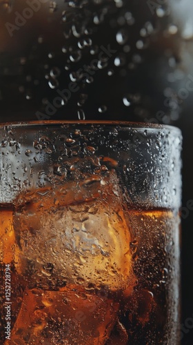Refreshing cold drink with condensation on glass captured in warm evening light
