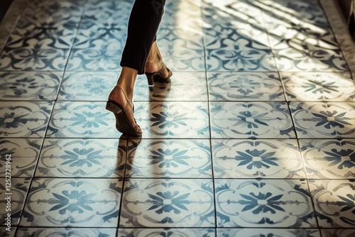 Walking gracefully on patterned tiles in a sunlit indoor space