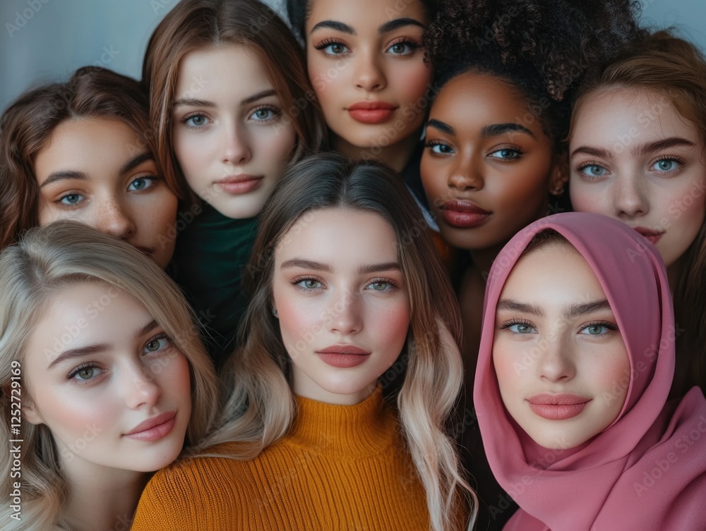 Women with diverse ethnic backgrounds pose for a portrait with fashionable clothing, posing confidently. Women with diverse ethnic backgrounds pose for a portrait with fashionable clothing, posing confidently.