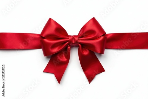 A vibrant crimson satin ribbon tied in a perfect bow, elegantly displayed on a pristine white background, ideal for celebratory designs and festive presentations.
