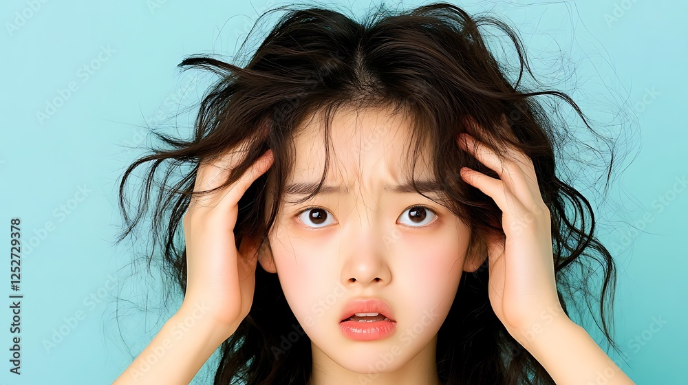 Fototapeta premium Expressing frustration with tousled hair against a simple background