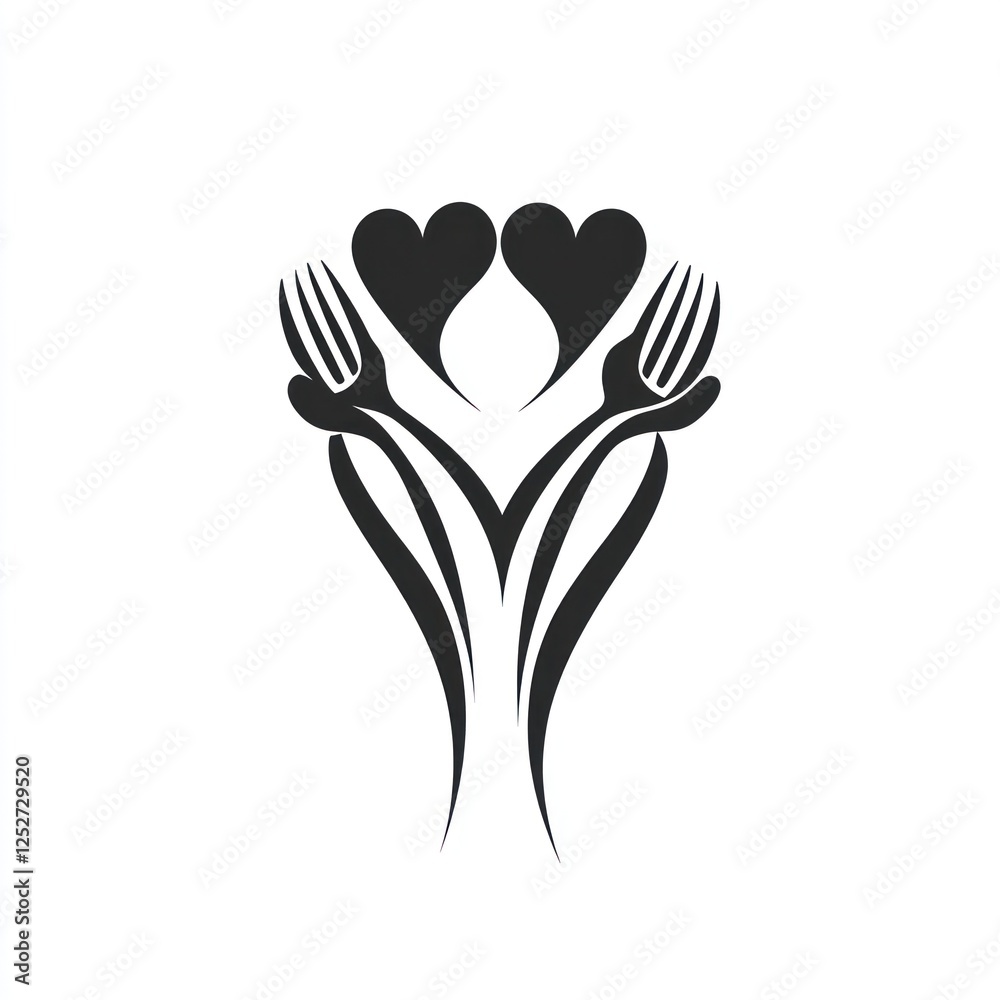 Abstract stylized hands holding forks and hearts, suggesting a restaurant or food concept Abstract stylized hands holding forks and hearts, suggesting a restaurant or food concept