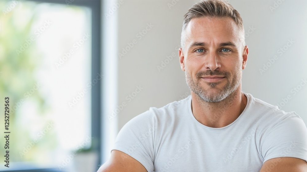 Obraz premium Confident mature man in white t-shirt indoors. Perfect for wellness lifestyle, active aging, and professional portraits content.