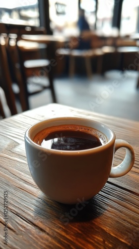 Warm coffee cup resting on wooden table in a cozy caf setting during morning ...