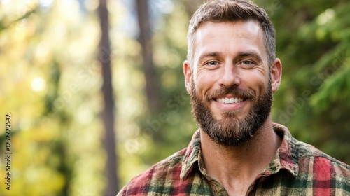 Cheerful man in plaid shirt in nature. Ideal for outdoor lifestyle, casual fashion, and authentic happiness content.