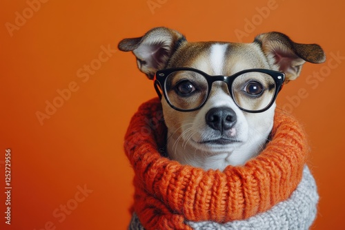 A fashion-conscious dog posing for a stylish portrait with glasses and an orange scarf.