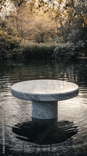 Marble table quietly resting in a serene pond surrounded by autumn foliage