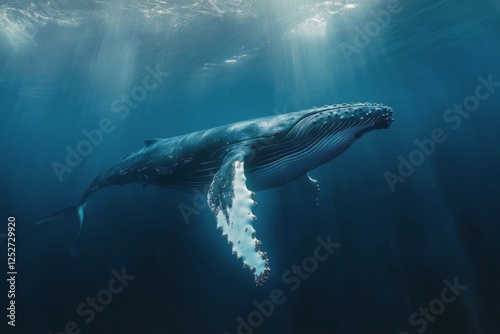 Humpback whale gracefully swimming in deep ocean waters during daylight