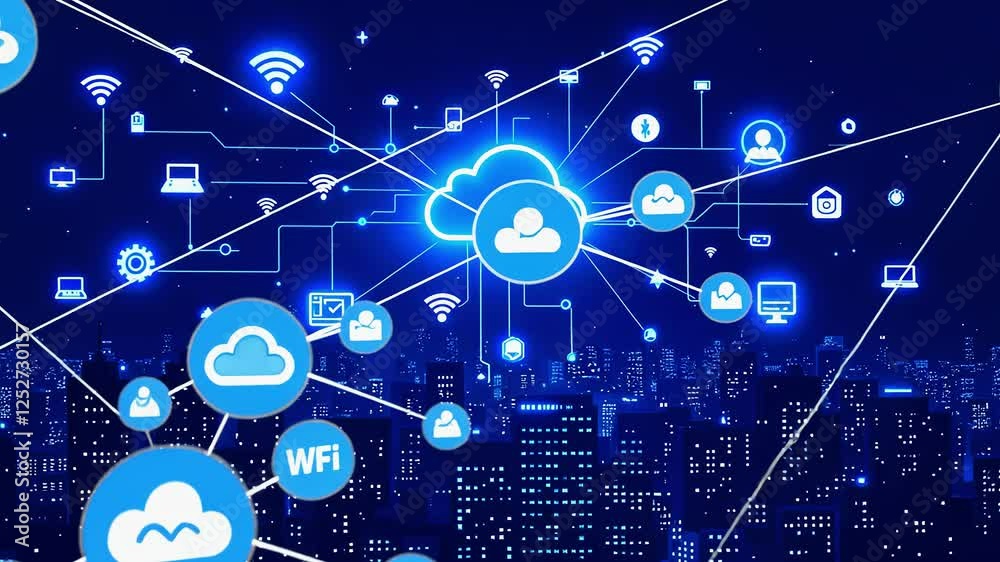 Digital cloud network connecting various devices over a city skyline at night, showcasing technology Digital cloud network connecting various devices over a city skyline at night, showcasing technology