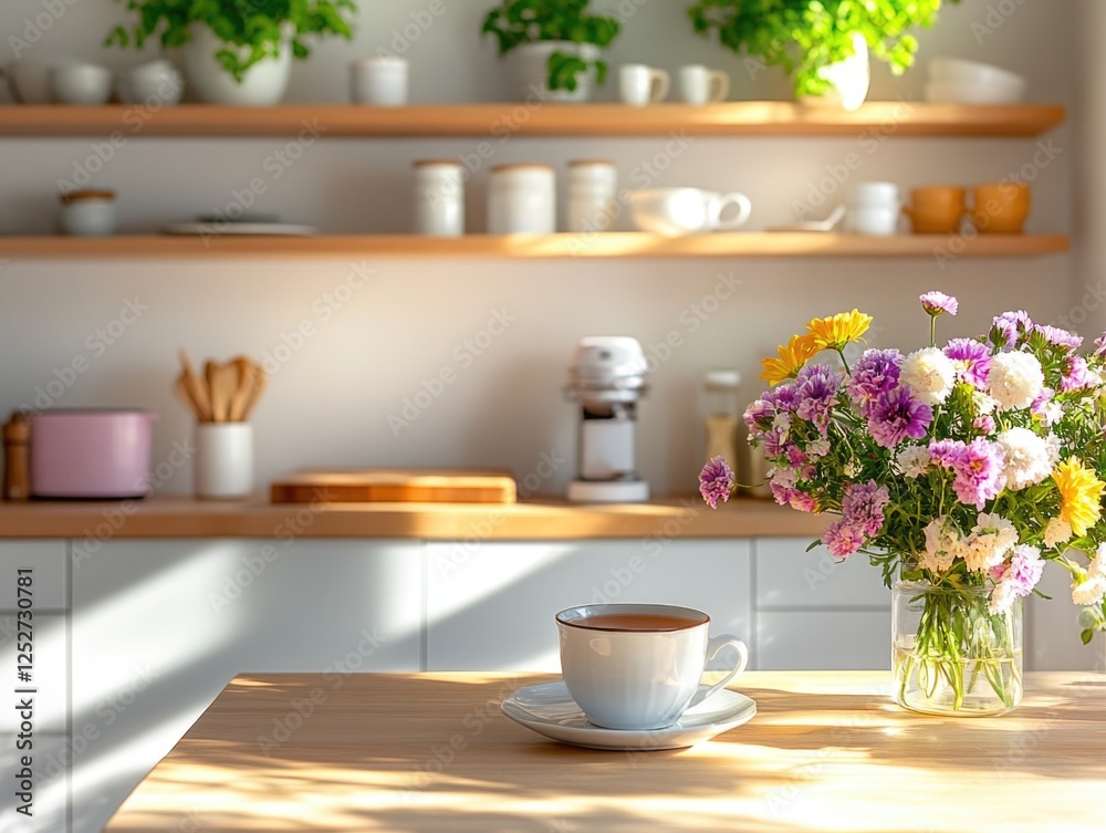 A clean and inviting kitchen scene with a morning coffee mug and a vase of fresh flowers. A clean and inviting kitchen scene with a morning coffee mug and a vase of fresh flowers.