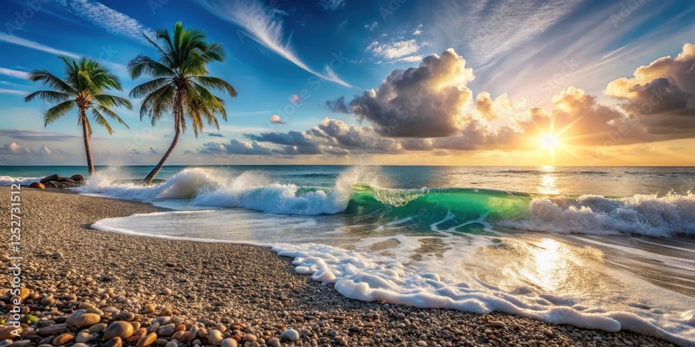 Serene Coastal Scene Two Palm Trees Frame a Stunning Sunset Over a Turquoise Ocean Wave Crashing on a Pebble Beach Serene Coastal Scene Two Palm Trees Frame a Stunning Sunset Over a Turquoise Ocean Wave Crashing on a Pebble Beach