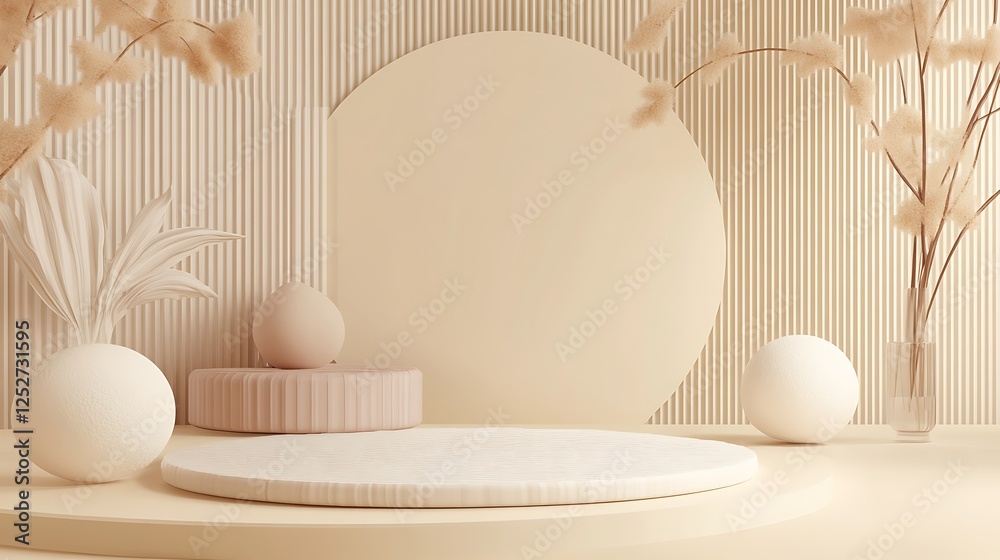 Fototapeta premium Minimalist Beige Aesthetic Display Platform With Dried Flowers