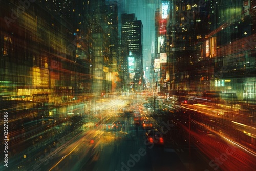 Night cityscape with vibrant lights reflecting on a wet street